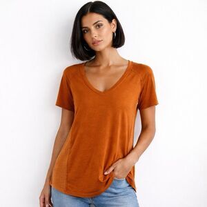 Anthropologie T.LA Short Sleeve Burnt Rust Orange Tunic Mixed Media T-Shirt Sz S